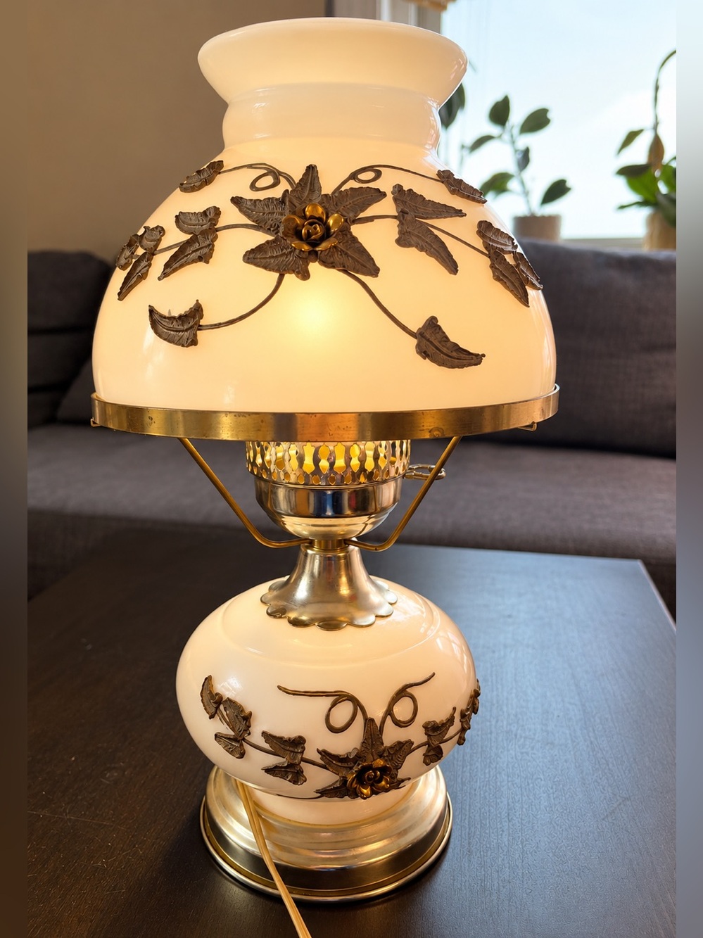 Vintage Milk Glass Falkenstein Hurricane Table Lamp with Floral Brass Overlay